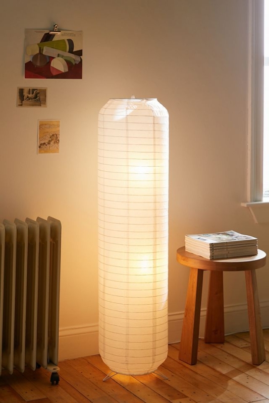 Floor Lamp: Asymmetric Tiered Shades, Ribbed Paper Lanterns, Metal Frame.