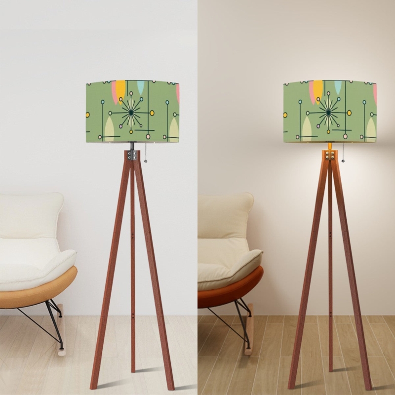 Floor Lamp: Atomic Starburst Pattern, Green Linen Shade & Retro Style