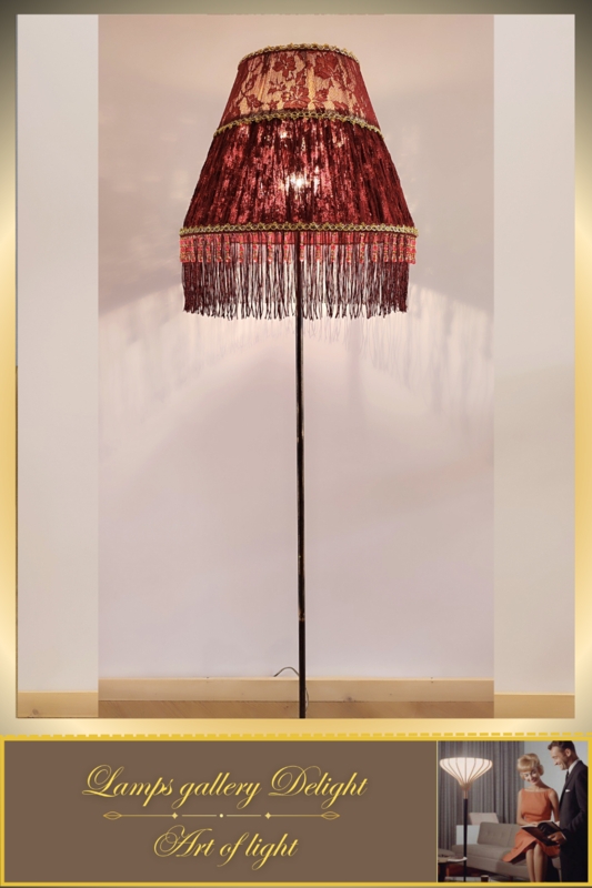 Floor Lamp Beaded Fringe Burgundy Fabric Shade Victorian Style