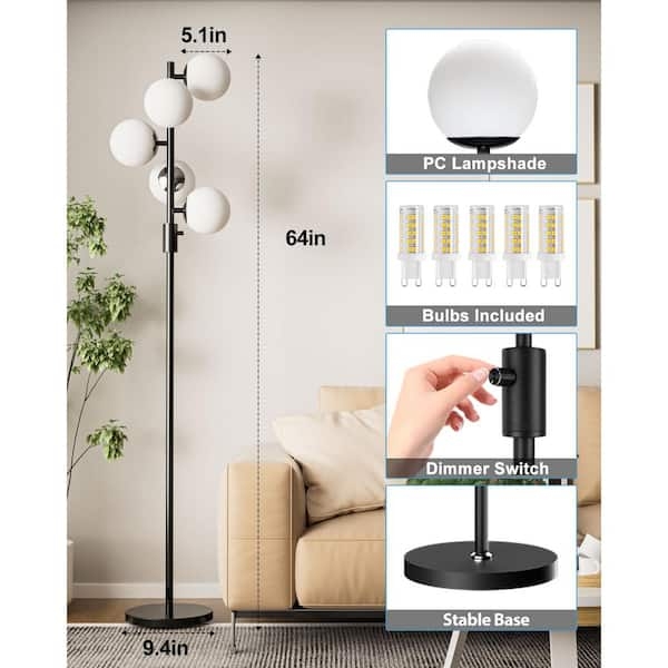 Floor Lamp Black and White Staggered Frosted Globes Minimalist
