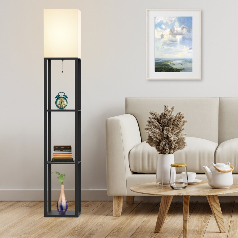 Floor Lamp Black Column with Integrated Shelves Storage Corner