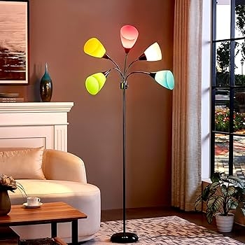 Floor Lamp Black Five Adjustable Gooseneck Heads Multicolored Shades