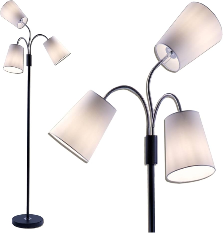 Floor Lamp Black Three Light Adjustable Arms White Fabric Drum Shades