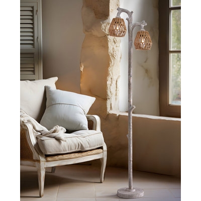 Floor Lamp Black Tripod Base Woven Rattan Shade Boho Styling
