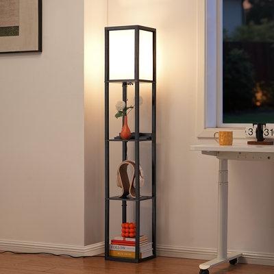 Floor Lamp Black Wood Toned Shelves Rectangular Linen Shade