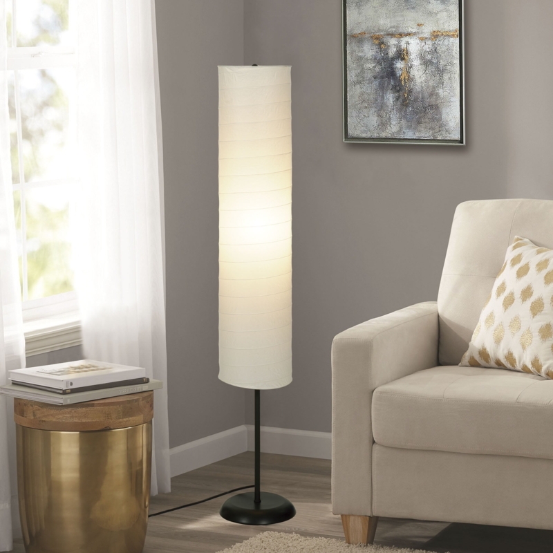 Floor Lamp: Bohemian Ivory Ricepaper Column, Black Horizontal Ribbing.