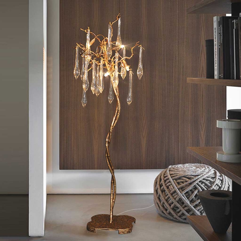 Floor Lamp Brass Branch Design with Crystal Droplets Organic Style