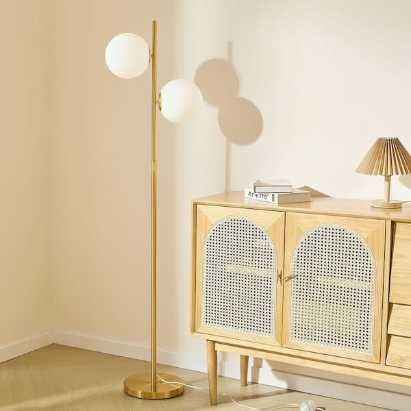 Floor Lamp Brass Gold Twin Offset Arms Frosted Globes Modern