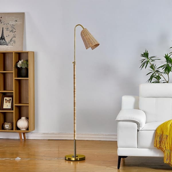 Floor Lamp Brass Wicker Shade Boho Chic Slim Silhouette Task Lighting