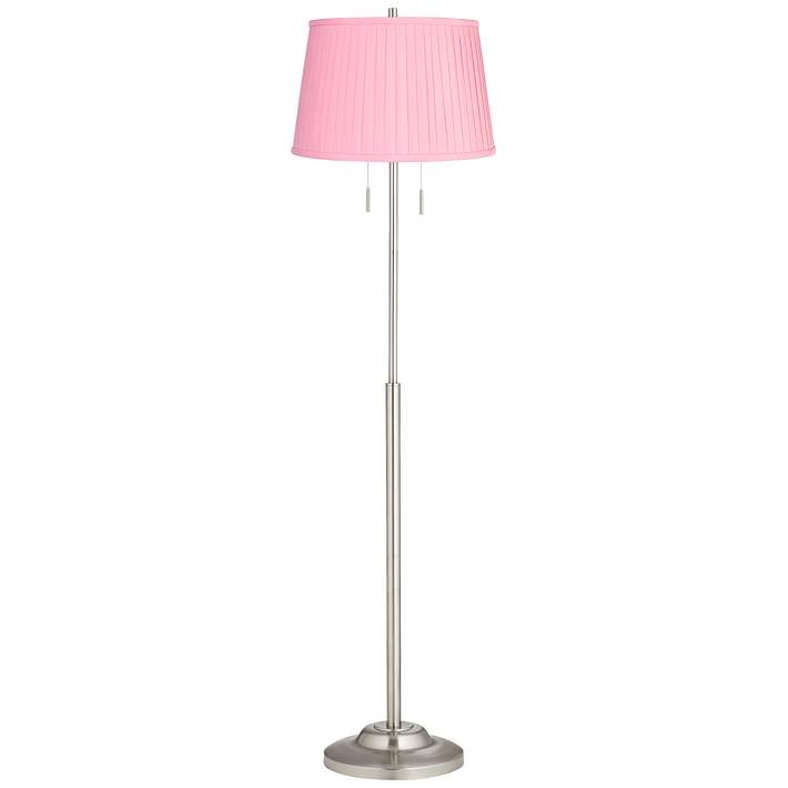 Floor Lamp Bright Pink Pleated Drum Shade Slender Silver Pole