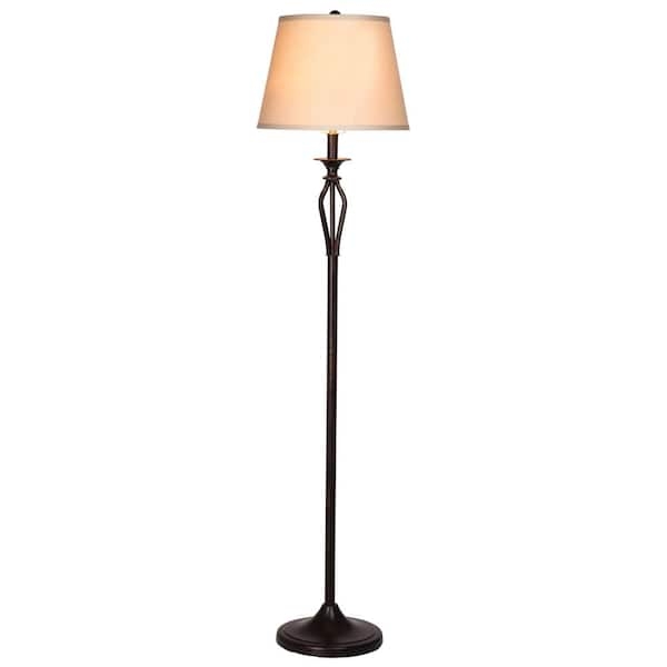 Floor Lamp Bronze Finish Linen Drum Shade Traditional Living Room