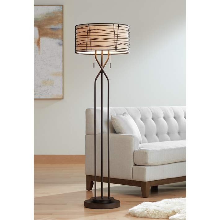 Floor Lamp Bronze Finish Woven Metal Cage Shade Industrial