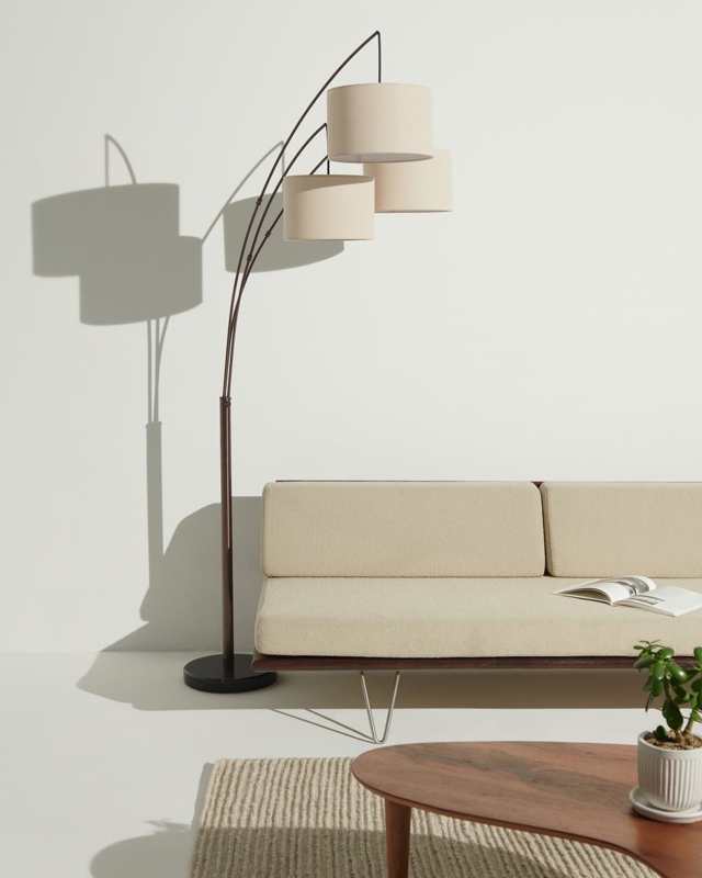 Floor Lamp Bronze Triple Arc Arms Beige Fabric Drum Shades Adjustable