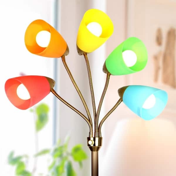 Floor Lamp Brushed Brass Five Gooseneck Multicolored Shades