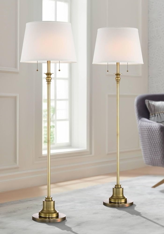 Floor Lamp Brushed Brass Pull Chain Tapered Shade Elegant