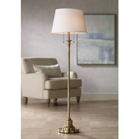 Floor Lamp Brushed Brass Tiered Pedestal Base White Shade Classic
