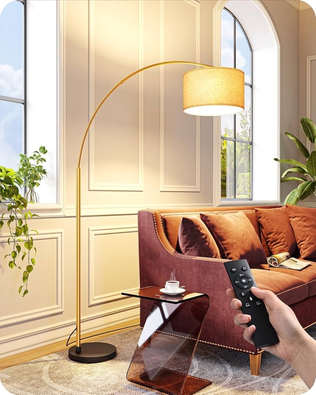 Floor Lamp Brushed Gold Arched Neck Drum Shade Living Room