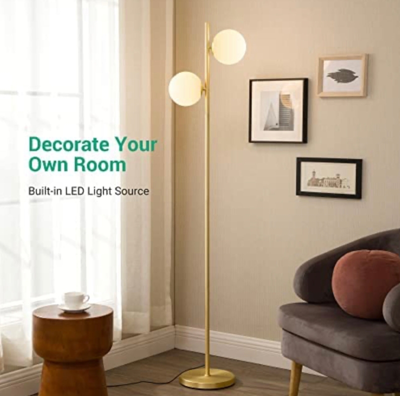 Floor Lamp Brushed Gold Finish Double Globe Design Frosted Glass