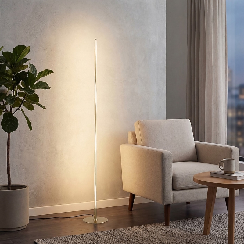 Floor Lamp Brushed Gold Slim Profile White Drum Shade Minimalist