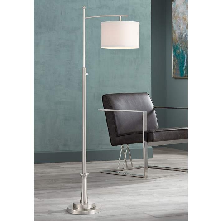 Floor Lamp Brushed Nickel Downbridge with White Drum Shade, Arched Top