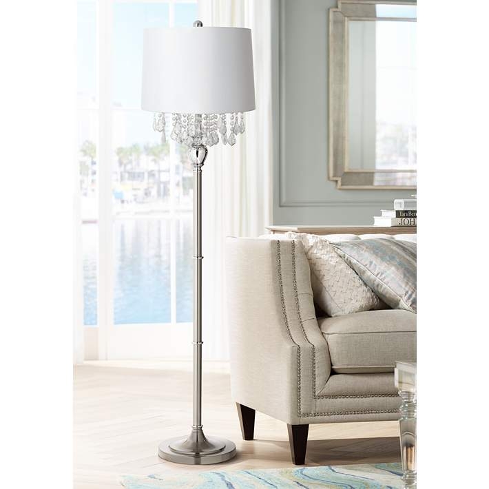 Floor Lamp Brushed Nickel Pole Hanging Crystal Beads White Shade