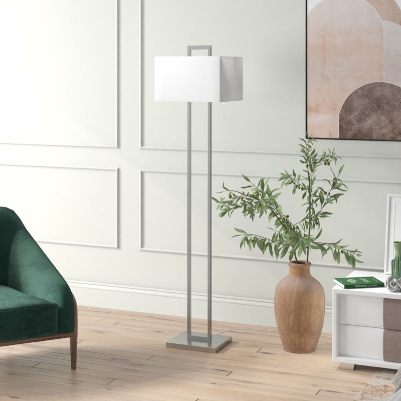 Floor Lamp Brushed Nickel White Drum Shade Circular Base Tall Lamp