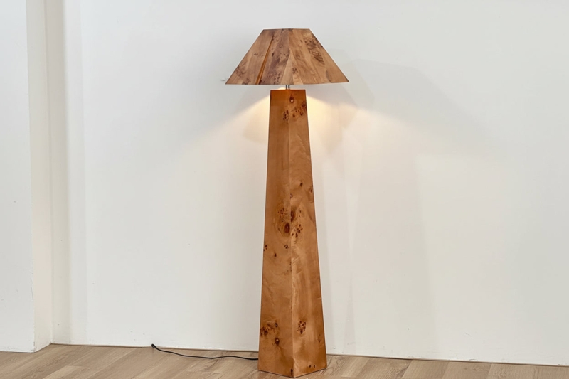 Floor Lamp Burl Wood Base Minimalist Japandi Black Stem
