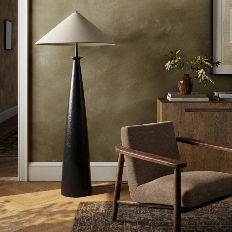 Floor Lamp Cast Aluminum Frame Matte Black Tapered Shade Industrial