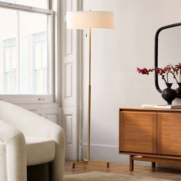 Floor Lamp Champagne Gold Base Tapered Tripod Legs White Drum Shade