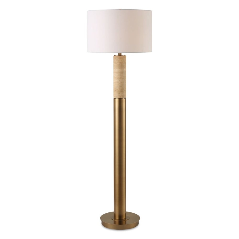 Floor Lamp: Chunky Geometric Stone-Like Base, Textured Drum Shade