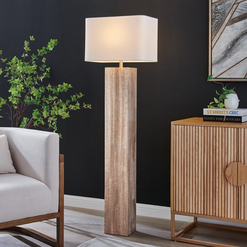 Floor Lamp Chunky Wood Base Four Post Structure Linen Like Shade