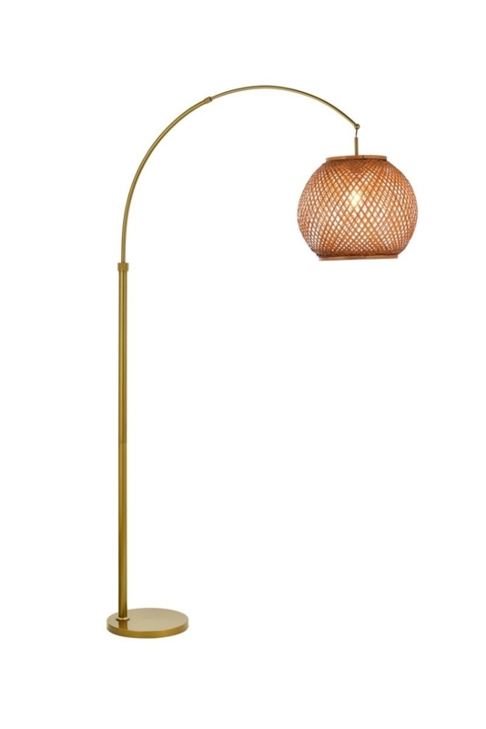 Floor Lamp Coastal Boho Woven Rattan Globe X Base Brass Frame