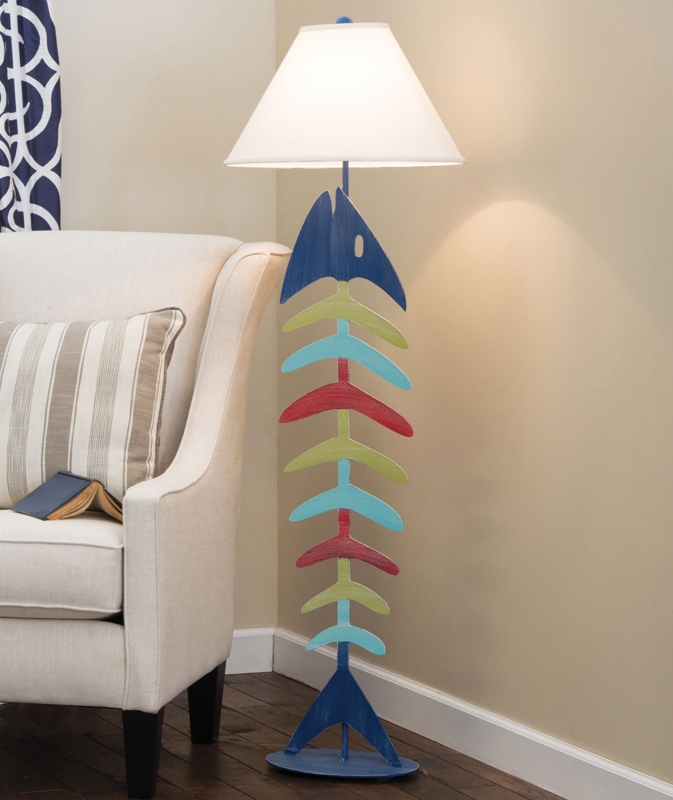 Floor Lamp Coastal Bonefish Sculpture Base Beige Drum Shade