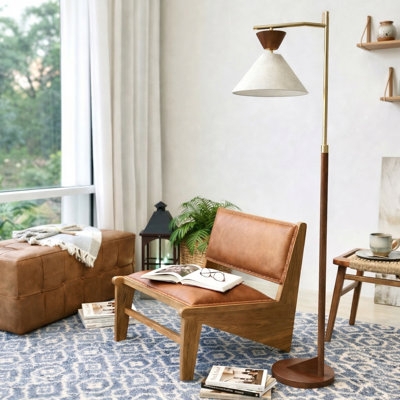 Floor Lamp Conical Shade Wood and Brass Tripod Base Scandi Style