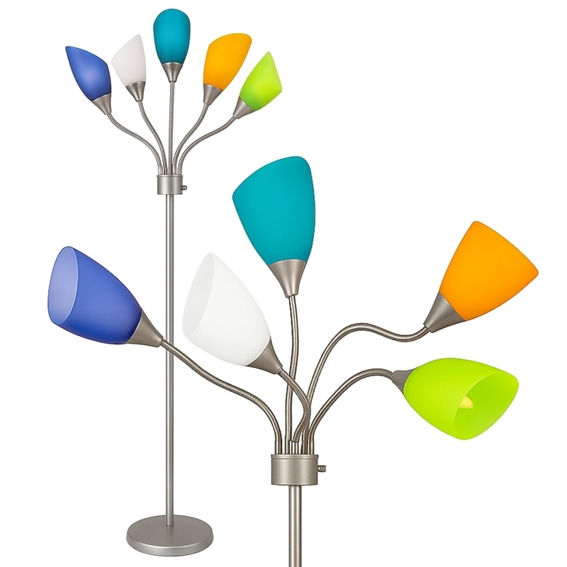 Floor Lamp Contemporary Silver Pole Five Gooseneck Multi Color