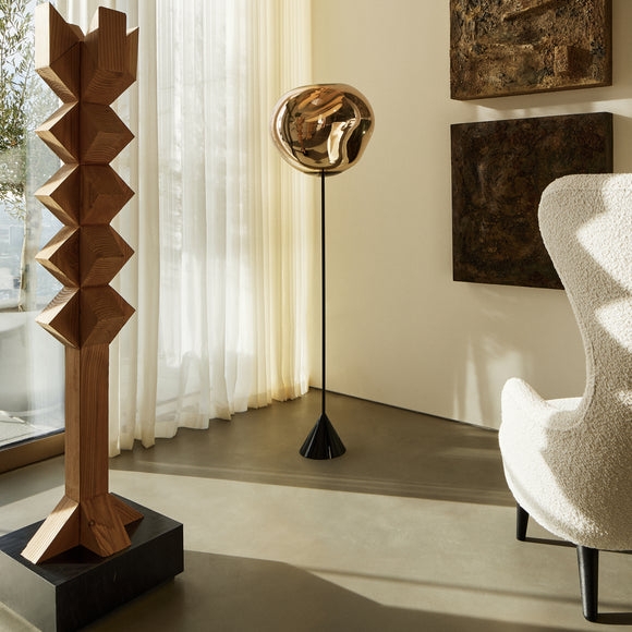 Floor Lamp: Copper-Toned Molten Glass Look Slim Pole Black Base