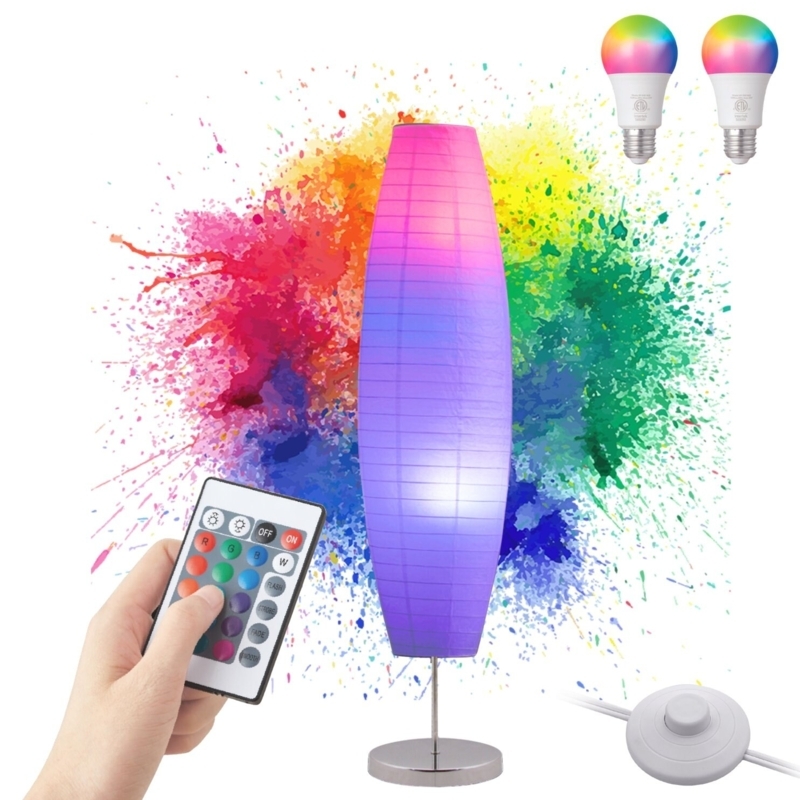 Floor Lamp Crinkled Fabric Shade Column RGB Color Changing Dual Bulbs