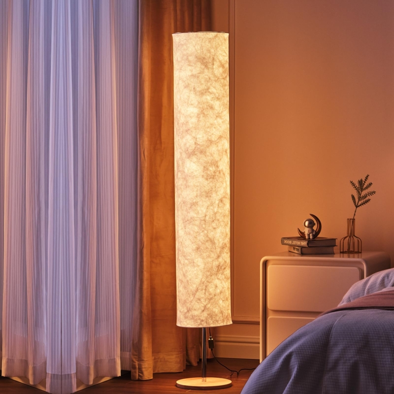 Floor Lamp Crinkled Fabric Shade Column Silhouette Warm Ambient Light