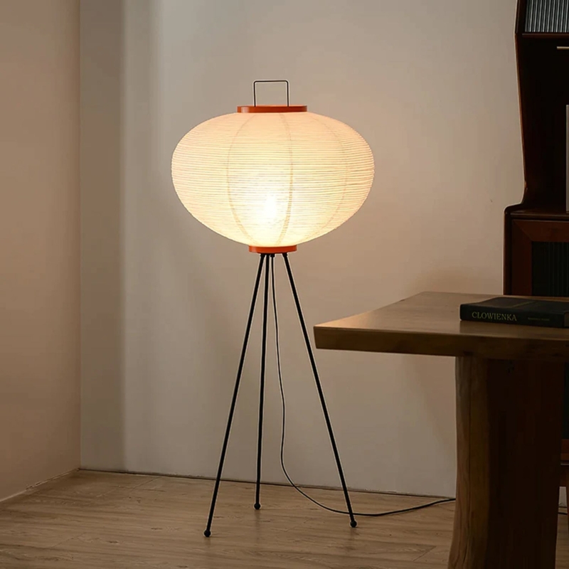 Floor Lamp: Crinkled Rice Paper Shade, Organic Creased Texture, Black Tripod.