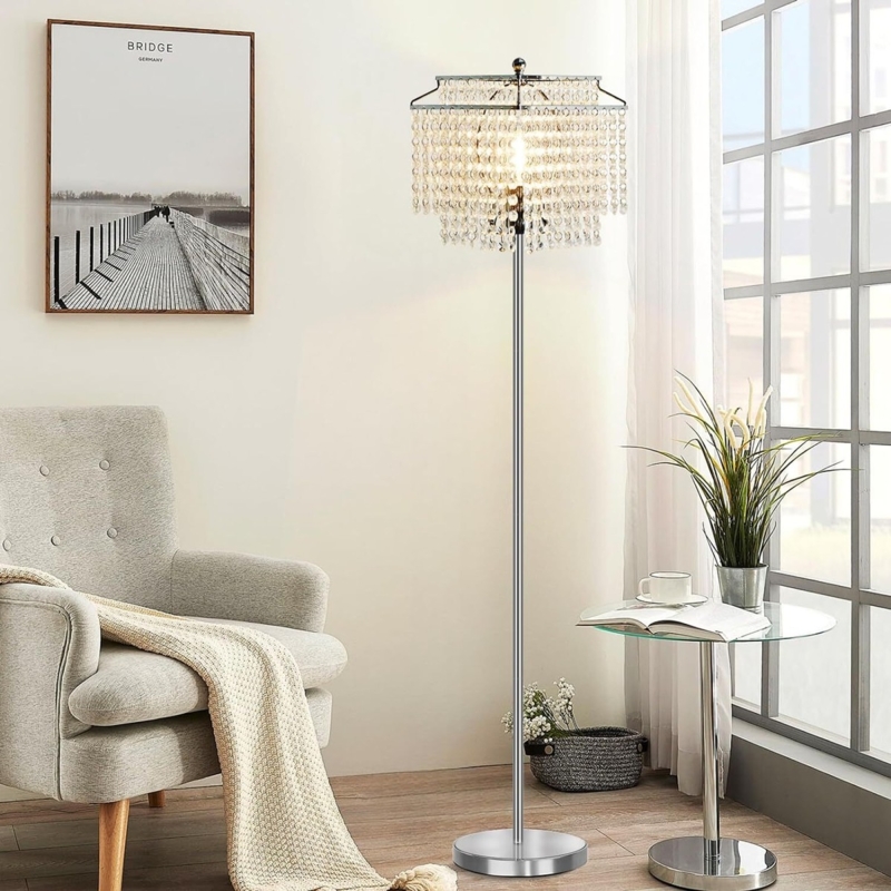 Floor Lamp Crystal Encrusted Shade Polished Silver Modern Glam Lighting