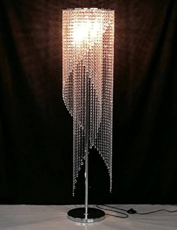 Floor Lamp Crystal Raindrop Silver Chrome Cylindrical Shade Glam Decor