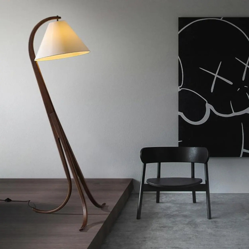 Floor Lamp Curved Tripod Base Fabric Cone Shade Natural Wood