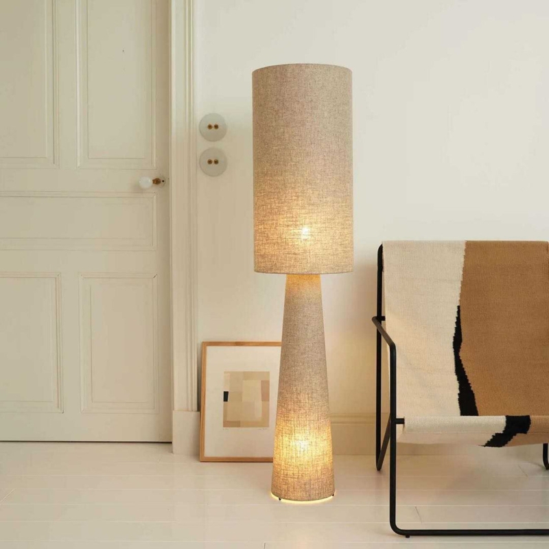 Floor Lamp Cylindrical Shape Vertical Lines Fabric Shade Warm Glow