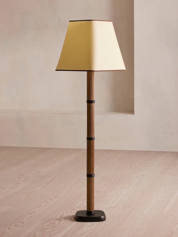 Floor Lamp Dark Bronze Fluted Column Base Linen Drum Shade
