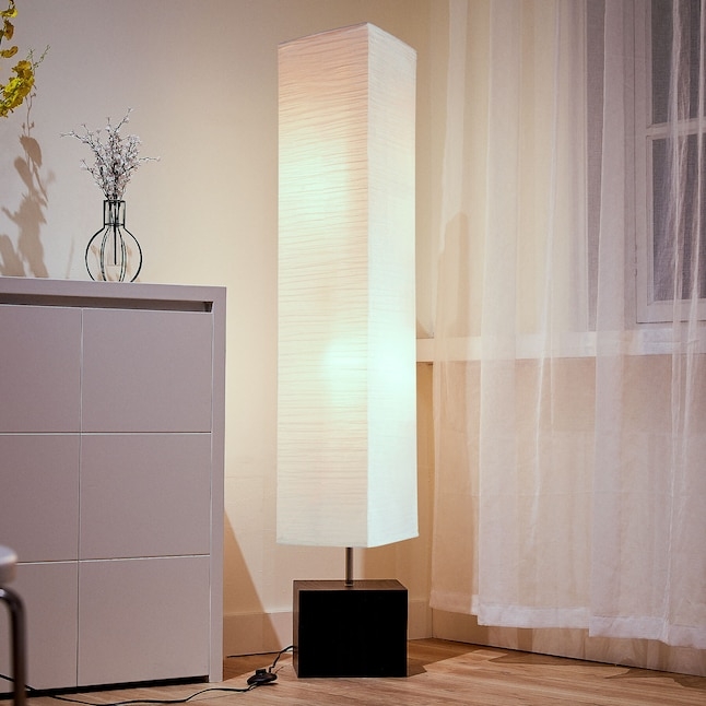 Floor Lamp: Dark Wood Rectangular Frame, Rice Paper Shade, Mid Century Style.