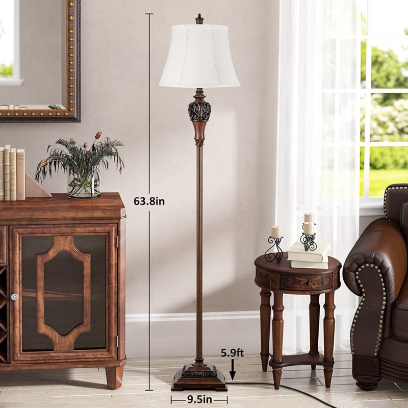 Floor Lamp Dark Wood Spindle Base White Drum Shade Farmhouse