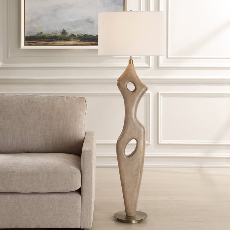 Floor Lamp Dark Wood Tripod Brass Accents Linen Shade Transitional