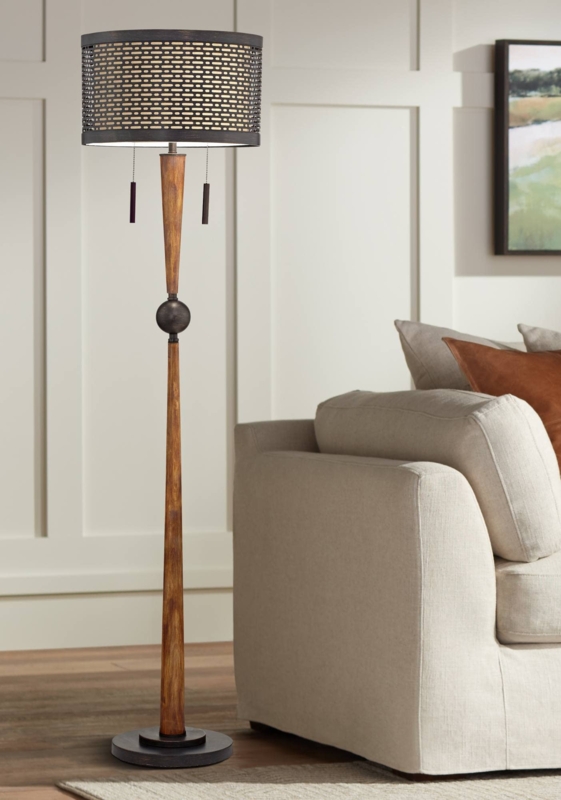 Floor Lamp Double Drum Shade Cherry Wood Bronze Rustic Lighting