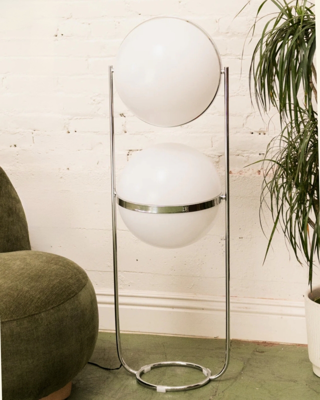 Floor Lamp Double Globe Brushed Steel Finish Staggered Frosted Shades