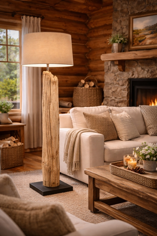 Floor Lamp Driftwood Base Linen Drum Shade Coastal Rustic Style